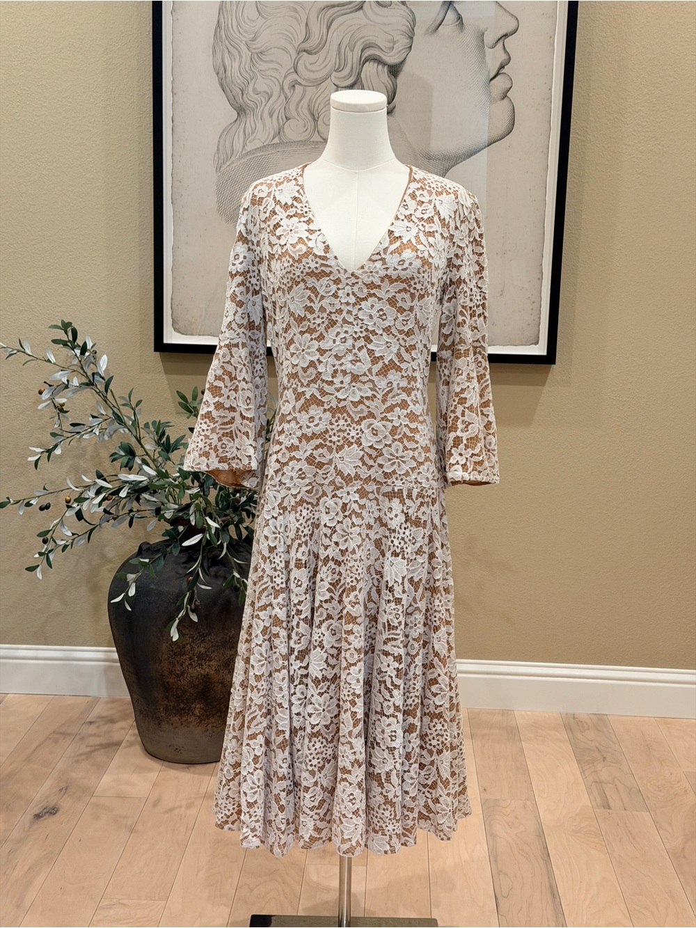 Michael Kors White Lace V-Neck Midi Dress with Tan Lining